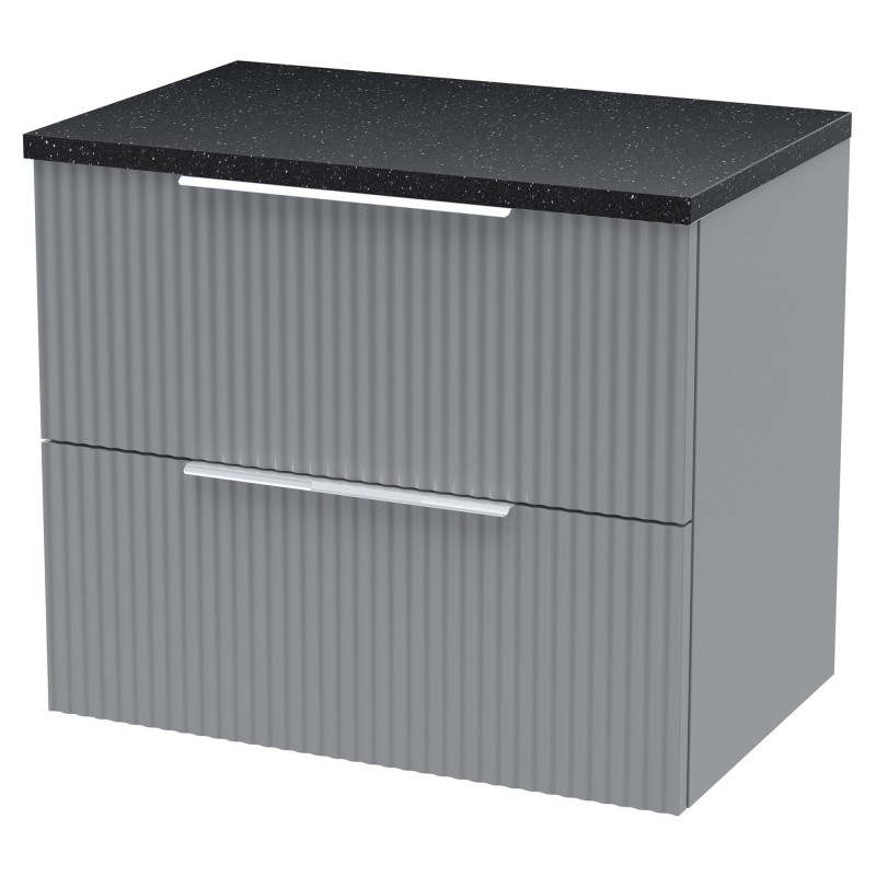 Fluted 600mm Wall Hung 2 Drawer Vanity & Black Sparkle Laminate Worktop - Satin Grey Fluted 600mm Wall Hung 2 Drawer Vanity & Black Sparkle Laminate Worktop - Satin Grey