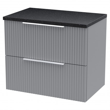 Fluted 600mm Wall Hung 2 Drawer Vanity & Black Sparkle Laminate Worktop - Satin Grey