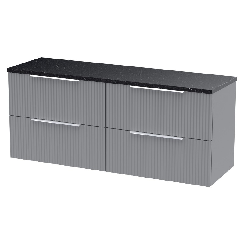 Fluted 1200mm Wall Hung 4 Drawer Vanity With Black Sparkle Laminate Worktop - Satin Grey Fluted 1200mm Wall Hung 4 Drawer Vanity With Black Sparkle Laminate Worktop - Satin Grey