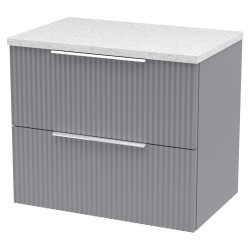Fluted 600mm Wall Hung 2 Drawer Vanity & White Sparkle Laminate Worktop - Satin Grey