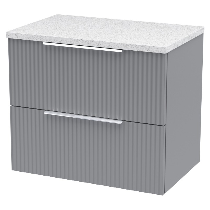 Fluted 600mm Wall Hung 2 Drawer Vanity & White Sparkle Laminate Worktop - Satin Grey Fluted 600mm Wall Hung 2 Drawer Vanity & White Sparkle Laminate Worktop - Satin Grey