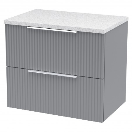 Fluted 600mm Wall Hung 2 Drawer Vanity & White Sparkle Laminate Worktop - Satin Grey