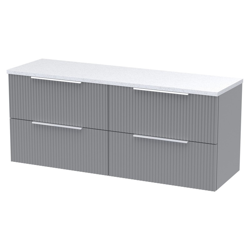 Fluted 1200mm Wall Hung 4 Drawer Vanity With White Sparkle Laminate Worktop - Satin Grey Fluted 1200mm Wall Hung 4 Drawer Vanity With White Sparkle Laminate Worktop - Satin Grey