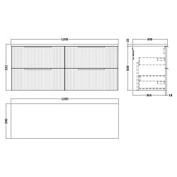 Fluted 1200mm Wall Hung 4 Drawer Vanity With White Sparkle Laminate Worktop - Satin Grey - Technical Drawing