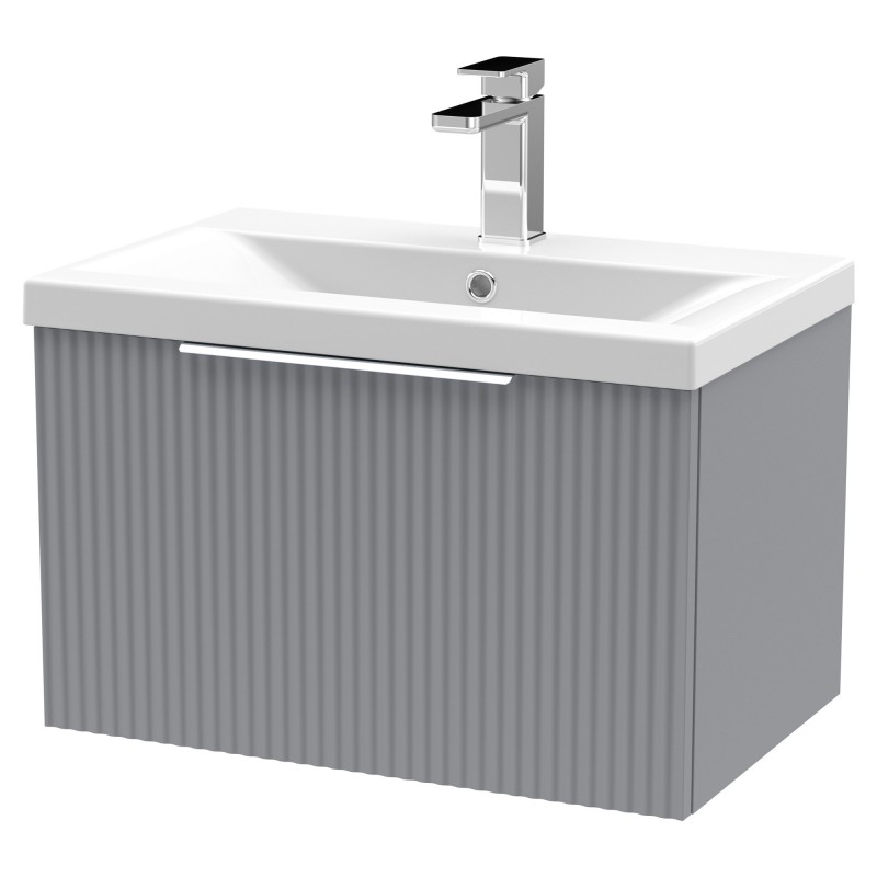 Fluted 600mm Wall Hung Single Drawer Vanity & Mid-Edge Ceramic Basin - Satin Grey Fluted 600mm Wall Hung Single Drawer Vanity & Mid-Edge Ceramic Basin - Satin Grey