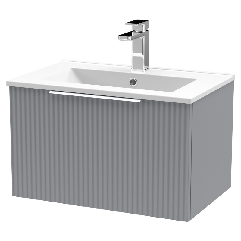 Fluted 600mm Wall Hung Single Drawer Vanity & Minimalist Ceramic Basin - Satin Grey Fluted 600mm Wall Hung Single Drawer Vanity & Minimalist Ceramic Basin - Satin Grey