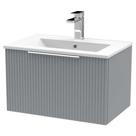 Fluted 600mm Wall Hung Single Drawer Vanity & Minimalist Ceramic Basin - Satin Grey