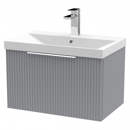 Fluted 600mm Wall Hung Single Drawer Vanity & Thin-Edge Ceramic Basin - Satin Grey