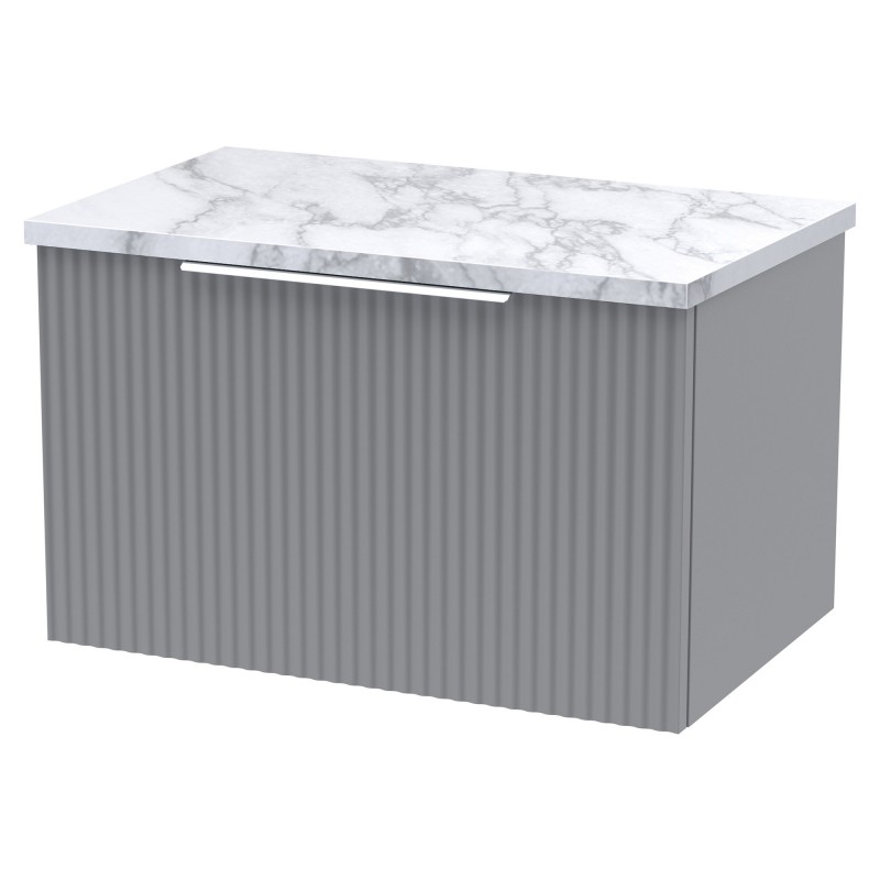 Fluted 600mm Wall Hung 1 Drawer Vanity With Carrera Marble Laminate Worktop - Satin Grey Fluted 600mm Wall Hung 1 Drawer Vanity With Carrera Marble Laminate Worktop - Satin Grey