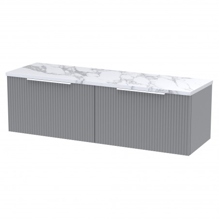 Fluted 1200mm Wall Hung 2 Drawer Vanity With Carrera Marble Laminate Worktop - Satin Grey