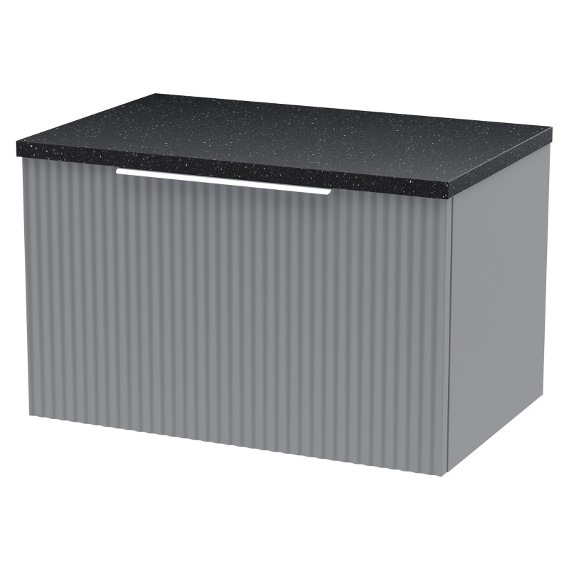 Fluted 600mm Wall Hung Single Drawer Vanity & Black Sparkle Laminate Worktop - Satin Grey Fluted 600mm Wall Hung Single Drawer Vanity & Black Sparkle Laminate Worktop - Satin Grey