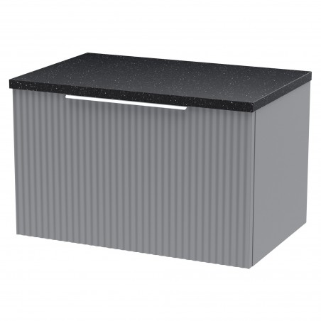 Fluted 600mm Wall Hung Single Drawer Vanity & Black Sparkle Laminate Worktop - Satin Grey