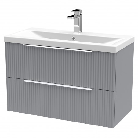 Fluted 800mm Wall Hung 2 Drawer Vanity & Mid-Edge Ceramic Basin - Satin Grey