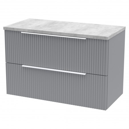Fluted 800mm Wall Hung 2 Drawer Vanity & Bellato Grey Laminate Worktop - Satin Grey