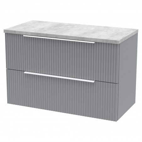 Fluted 800mm Wall Hung 2 Drawer Vanity & Bellato Grey Laminate Worktop - Satin Grey