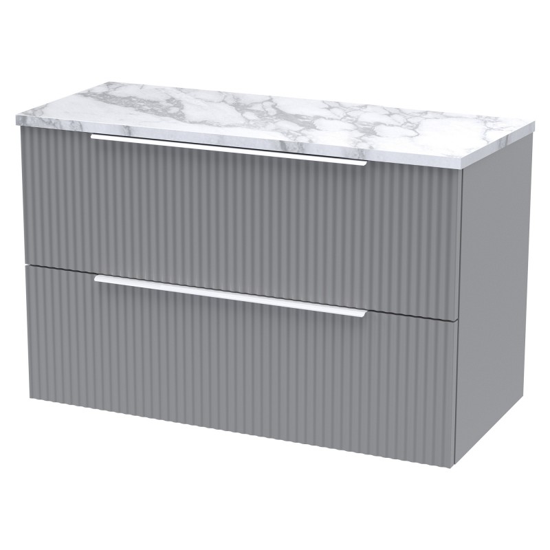 Fluted 800mm Wall Hung 2 Drawer Vanity With Carrera Marble Laminate Worktop - Satin Grey Fluted 800mm Wall Hung 2 Drawer Vanity With Carrera Marble Laminate Worktop - Satin Grey