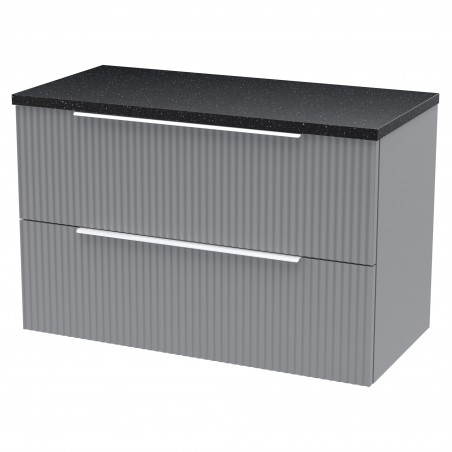 Fluted 800mm Wall Hung 2 Drawer Vanity & Black Sparkle Laminate Worktop - Satin Grey