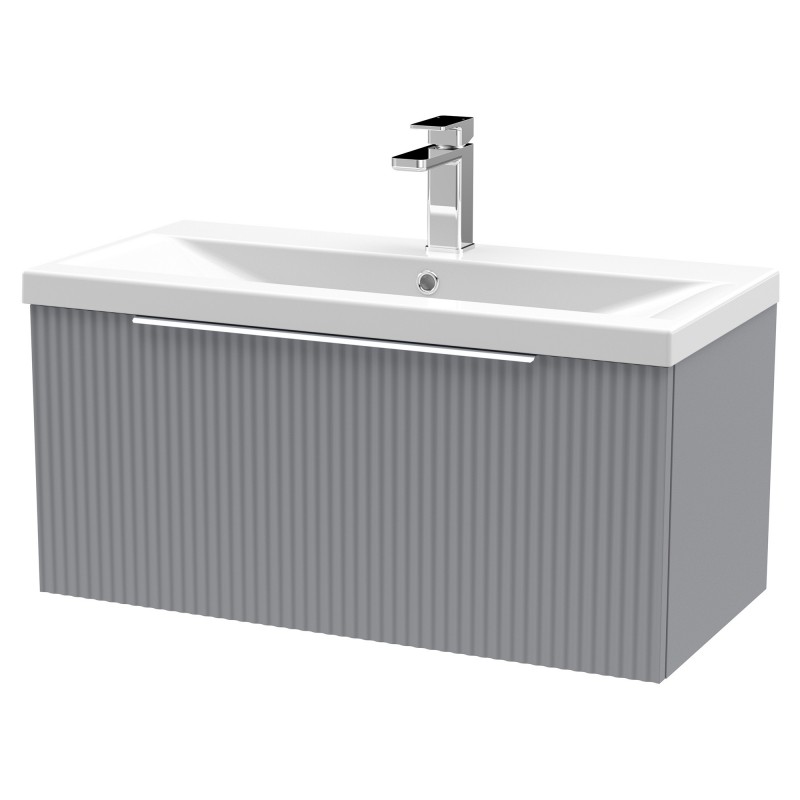 Fluted 800mm Wall Hung Single Drawer Vanity & Mid-Edge Ceramic Basin - Satin Grey Fluted 800mm Wall Hung Single Drawer Vanity & Mid-Edge Ceramic Basin - Satin Grey