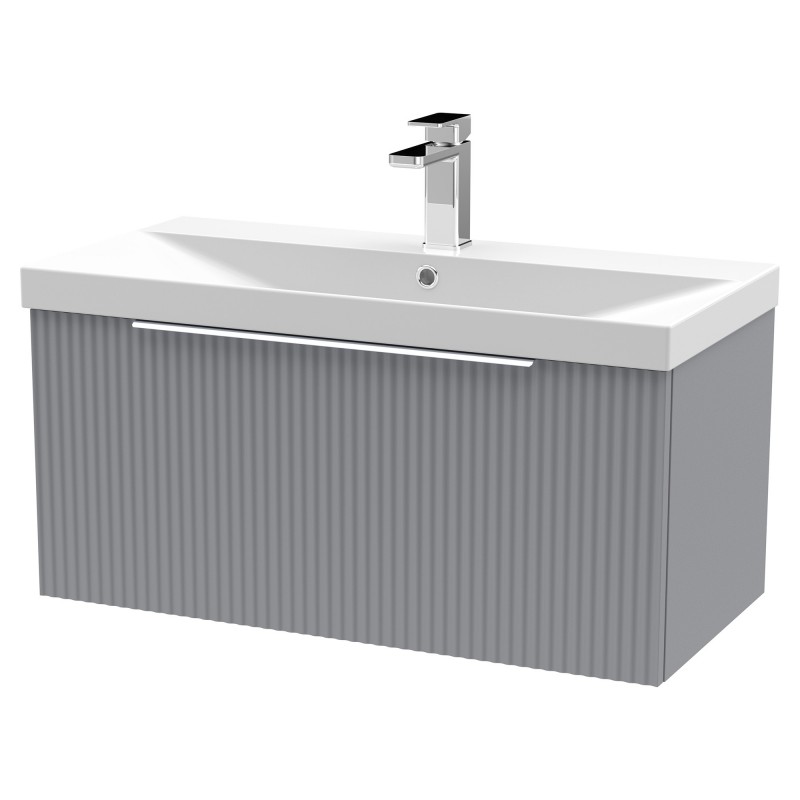 Fluted 800mm Wall Hung Single Drawer Vanity & Thin-Edge Ceramic Basin - Satin Grey Fluted 800mm Wall Hung Single Drawer Vanity & Thin-Edge Ceramic Basin - Satin Grey