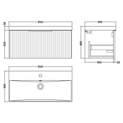 Fluted 800mm Wall Hung Single Drawer Vanity & Thin-Edge Ceramic Basin - Satin Grey - Technical Drawing