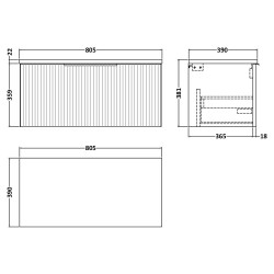 Fluted 800mm Wall Hung Single Drawer Vanity & Bellato Grey Laminate Worktop - Satin Grey - Technical Drawing