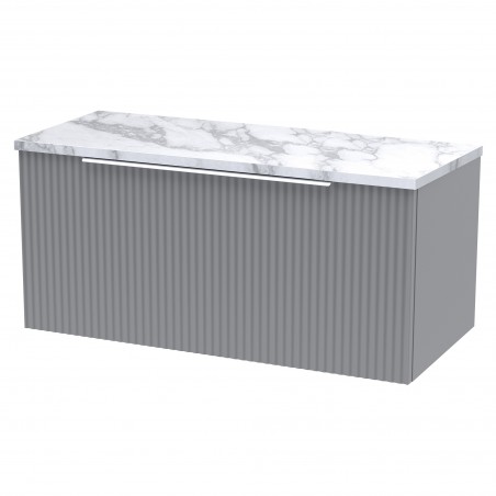 Fluted 800mm Wall Hung 1 Drawer Vanity With Carrera Marble Laminate Worktop - Satin Grey