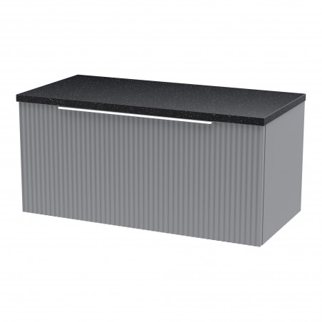 Fluted 800mm Wall Hung Single Drawer Vanity & Black Sparkle Laminate Worktop - Satin Grey