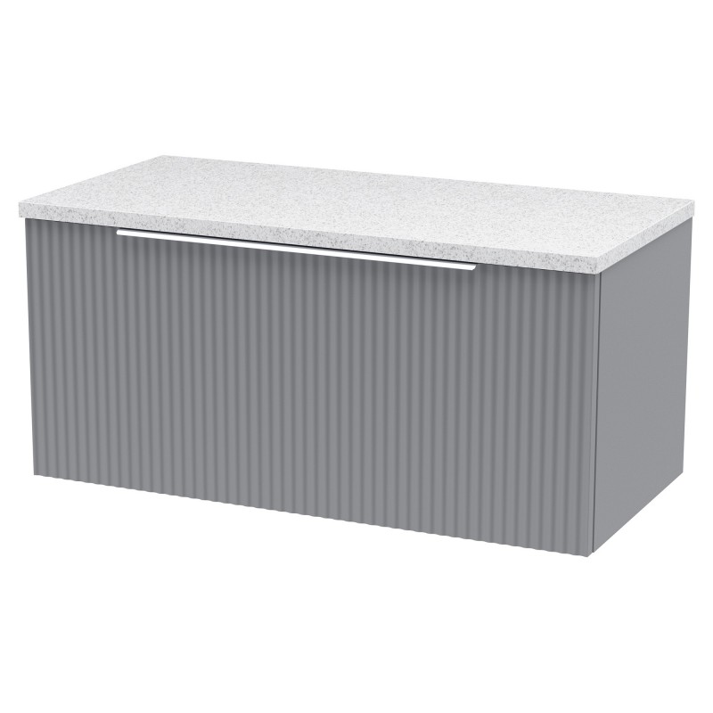 Fluted 800mm Wall Hung Single Drawer Vanity & White Sparkle Laminate Worktop - Satin Grey Fluted 800mm Wall Hung Single Drawer Vanity & White Sparkle Laminate Worktop - Satin Grey