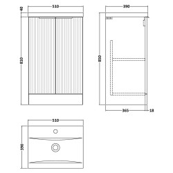 Fluted 500mm Freestanding 2 Door Vanity & Mid-Edge Ceramic Basin - Satin Blue - Technical Drawing