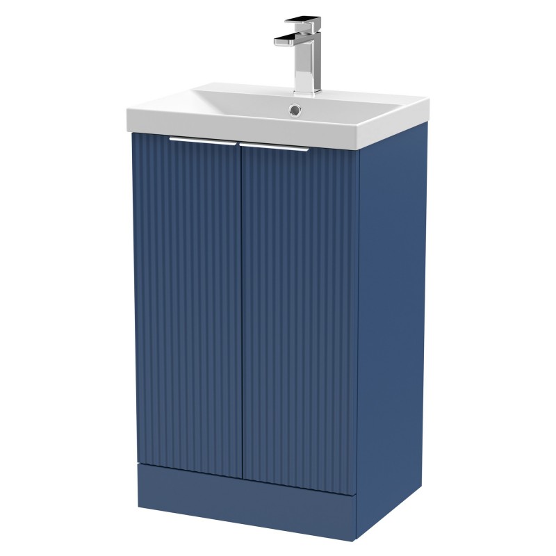 Fluted 500mm Freestanding 2 Door Vanity & Thin-Edge Ceramic Basin - Satin Blue Fluted 500mm Freestanding 2 Door Vanity & Thin-Edge Ceramic Basin - Satin Blue