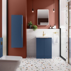 Fluted 600mm Freestanding 2 Door Vanity & Thin-Edge Ceramic Basin - Satin Blue - Insitu