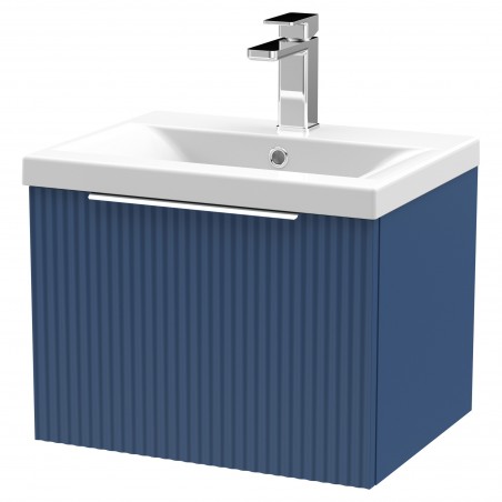 Fluted 500mm Wall Hung Single Drawer Vanity & Mid-Edge Ceramic Basin - Satin Blue