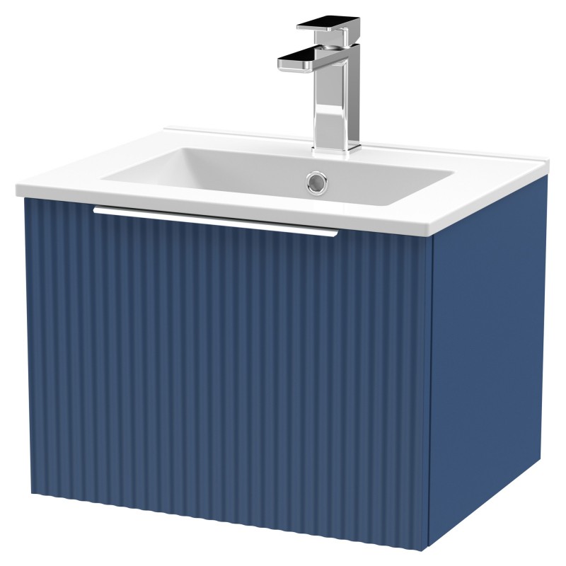 Fluted 500mm Wall Hung Single Drawer Vanity & Minimalist Ceramic Basin - Satin Blue