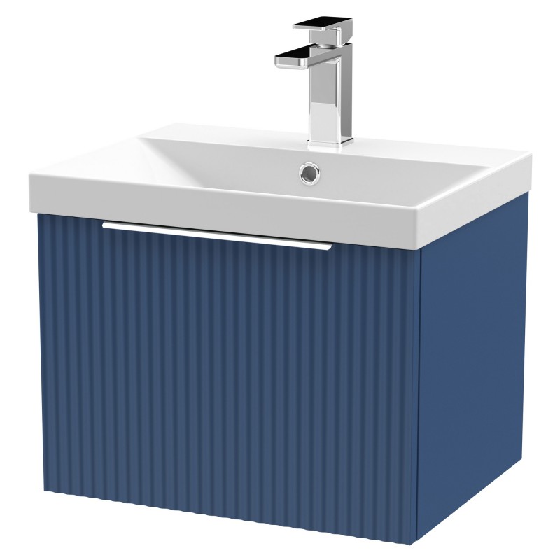 Fluted 500mm Wall Hung Single Drawer Vanity & Thin-Edge Ceramic Basin - Satin Blue