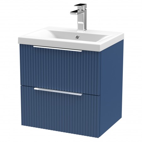 Fluted 500mm Wall Hung 2 Drawer Vanity & Mid-Edge Ceramic Basin - Satin Blue