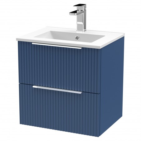 Fluted 500mm Wall Hung 2 Drawer Vanity & Minimalist Ceramic Basin - Satin Blue