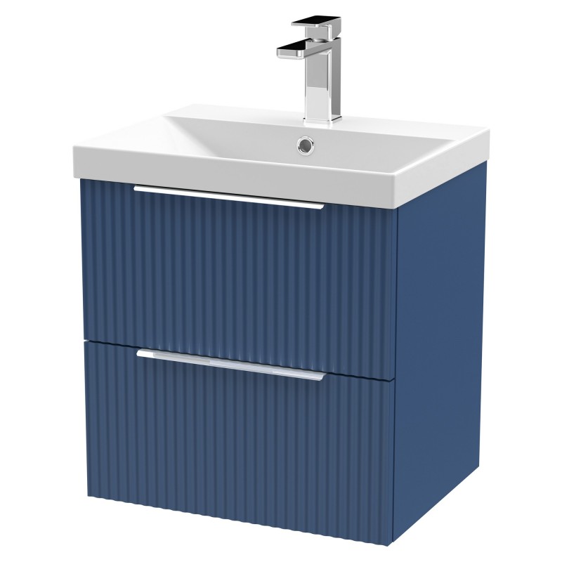 Fluted 500mm Wall Hung 2 Drawer Vanity & Thin-Edge Ceramic Basin - Satin Blue Fluted 500mm Wall Hung 2 Drawer Vanity & Thin-Edge Ceramic Basin - Satin Blue