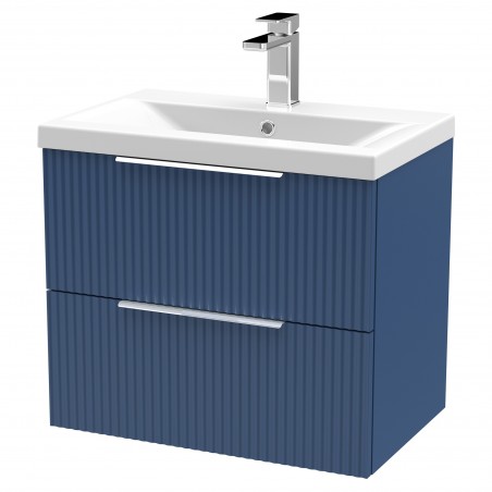 Fluted 600mm Wall Hung 2 Drawer Vanity & Mid-Edge Ceramic Basin - Satin Blue