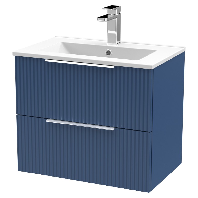 Fluted 600mm Wall Hung 2 Drawer Vanity & Minimalist Ceramic Basin - Satin Blue Fluted 600mm Wall Hung 2 Drawer Vanity & Minimalist Ceramic Basin - Satin Blue
