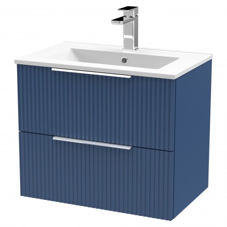 Fluted 600mm Wall Hung 2 Drawer Vanity & Minimalist Ceramic Basin - Satin Blue