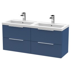 Fluted 1200mm Wall Hung 4 Drawer Vanity & Double Polymarble Basin - Satin Blue