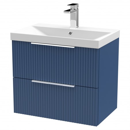 Fluted 600mm Wall Hung 2 Drawer Vanity & Thin-Edge Ceramic Basin - Satin Blue