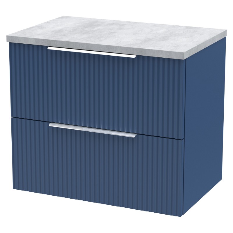 Fluted 600mm Wall Hung 2 Drawer Vanity & Bellato Grey Laminate Worktop - Satin Blue Fluted 600mm Wall Hung 2 Drawer Vanity & Bellato Grey Laminate Worktop - Satin Blue