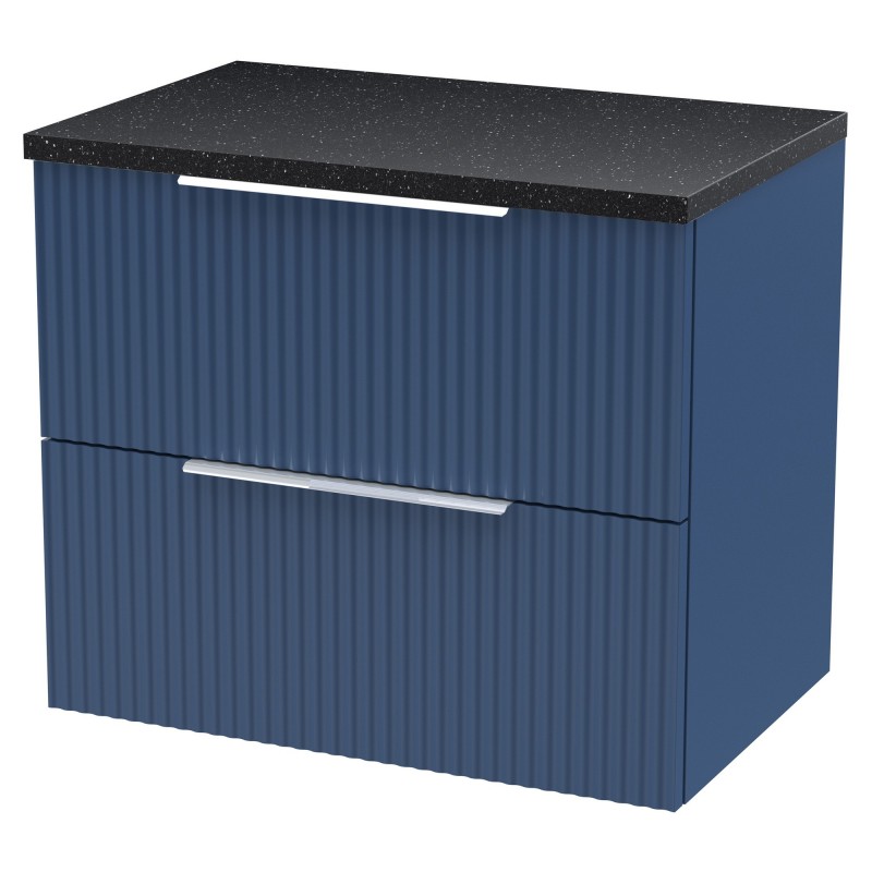 Fluted 600mm Wall Hung 2 Drawer Vanity & Black Sparkle Laminate Worktop - Satin Blue