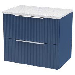 Fluted 600mm Wall Hung 2 Drawer Vanity & White Sparkle Laminate Worktop - Satin Blue