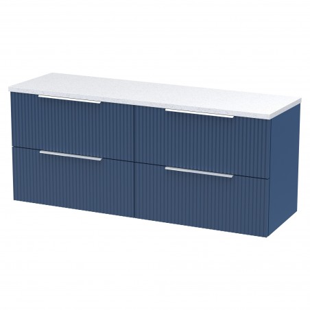 Fluted 1200mm Wall Hung 4 Drawer Vanity With White Sparkle Laminate Worktop - Satin Blue