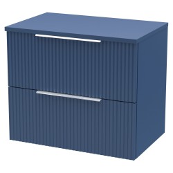 Fluted 600mm Wall Hung 2 Drawer Vanity & Worktop - Satin Blue