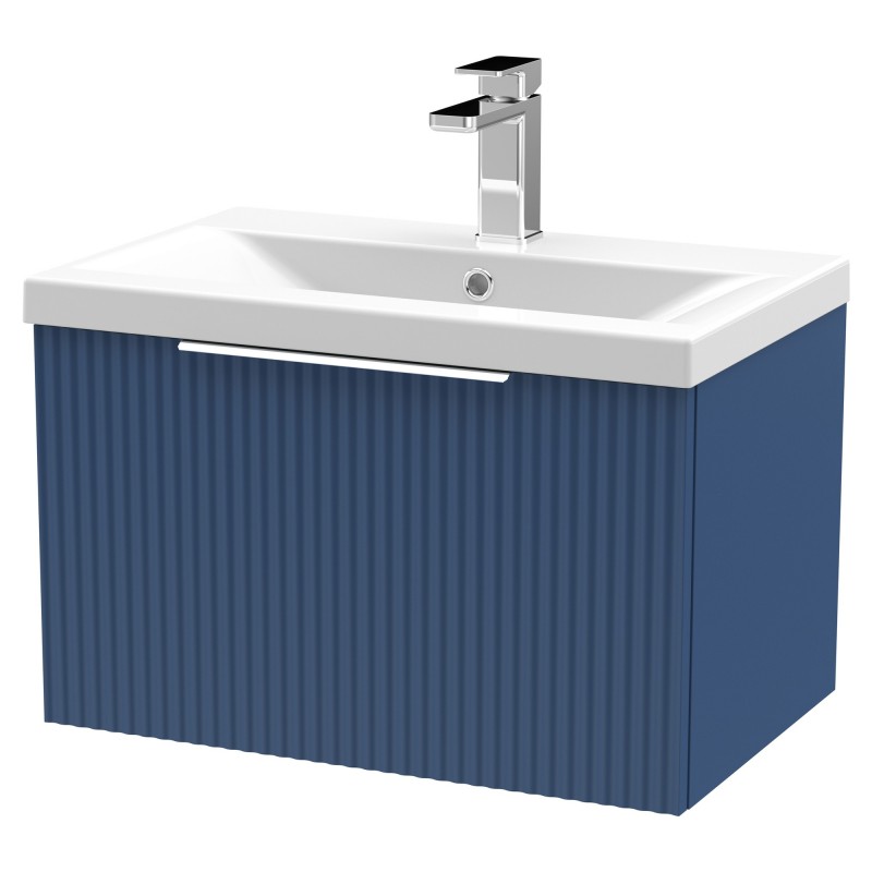 Fluted 600mm Wall Hung Single Drawer Vanity & Mid-Edge Ceramic Basin - Satin Blue Fluted 600mm Wall Hung Single Drawer Vanity & Mid-Edge Ceramic Basin - Satin Blue