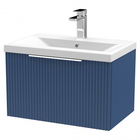 Fluted 600mm Wall Hung Single Drawer Vanity & Mid-Edge Ceramic Basin - Satin Blue