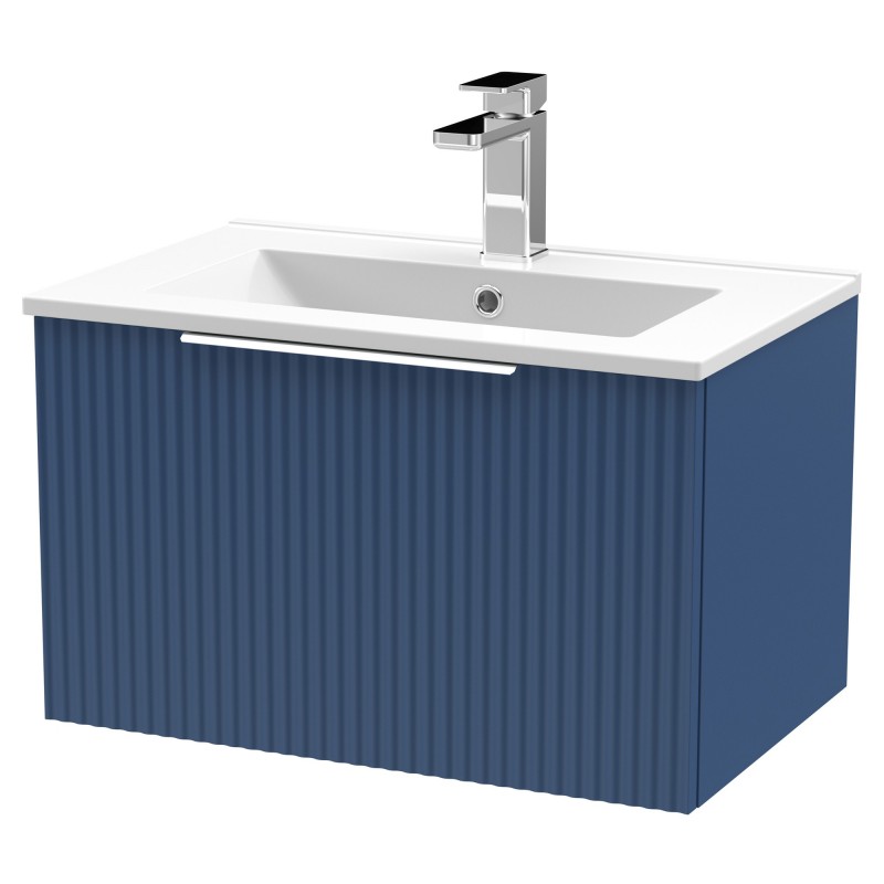 Fluted 600mm Wall Hung Single Drawer Vanity & Minimalist Ceramic Basin - Satin Blue Fluted 600mm Wall Hung Single Drawer Vanity & Minimalist Ceramic Basin - Satin Blue